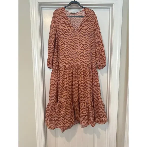 Zara Printed Midi Dress with Ruffled Hem Salmon US L - Picture 2 of 8